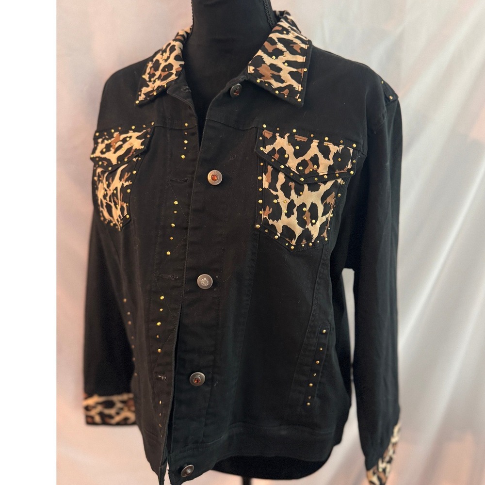 Janie New York Black Denim Jacket Leopard Print Studded Trucker Women Large - Picture 10 of 13